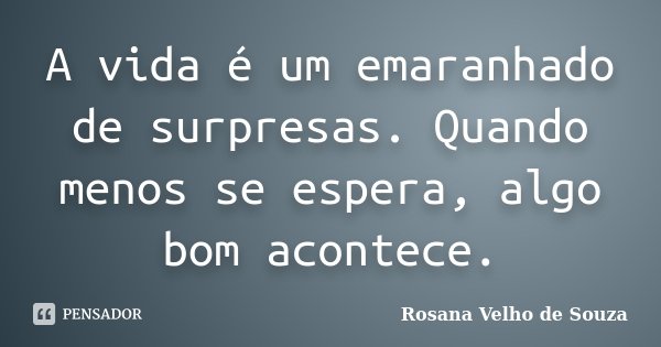 A vida é um emaranhado de surpresas. Quando menos se espera, algo bom acontece.... Frase de Rosana Velho de Souza.