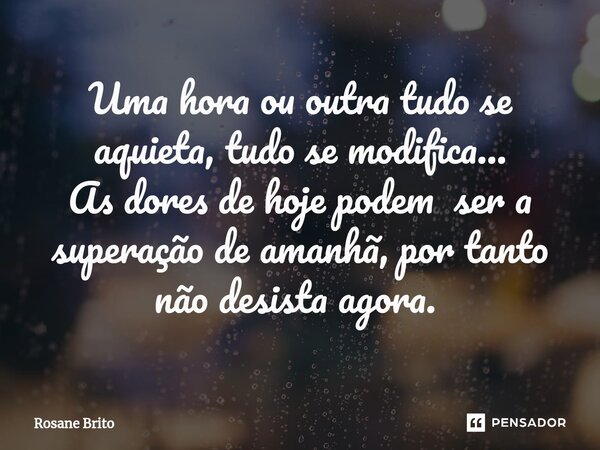⁠Uma hora ou outra tudo se aquieta, tudo se modifica... As dores de hoje podem ser a superação de amanhã, por tanto não desista agora. ⁠... Frase de Rosane Brito.