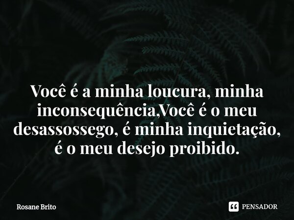 ⁠⁠ Você é a minha loucura, minha inconsequência,Você é o meu desassossego, é minha inquietação, é o meu desejo proibido.... Frase de Rosane Brito.