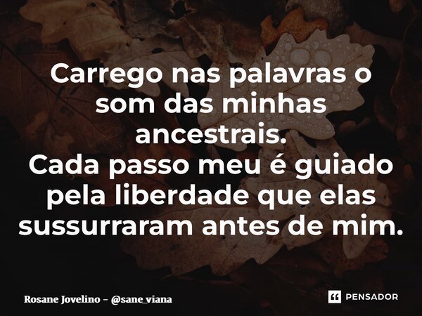 ⁠Carrego nas palavras o som das minhas ancestrais. Cada passo meu é guiado pela liberdade que elas sussurraram antes de mim.... Frase de Rosane Jovelino - sane_viana.