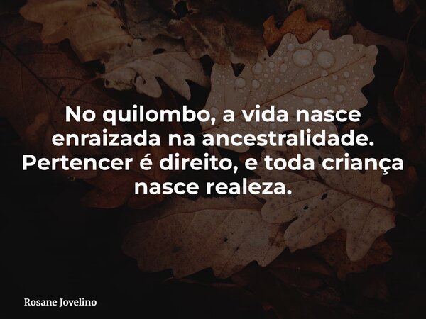 No quilombo, a vida nasce enraizada na ancestralidade. Pertencer é direito, e toda criança nasce realeza.... Frase de Rosane Jovelino.