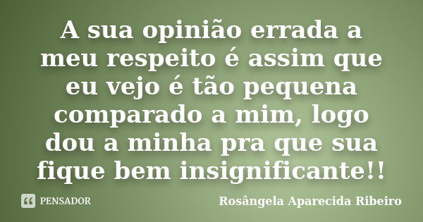 A sua opinião errada a meu respeito é assim que eu vejo é tão pequena comparado a mim, logo dou a minha pra que sua fique bem insignificante!!... Frase de Rosângela Aparecida Ribeiro.