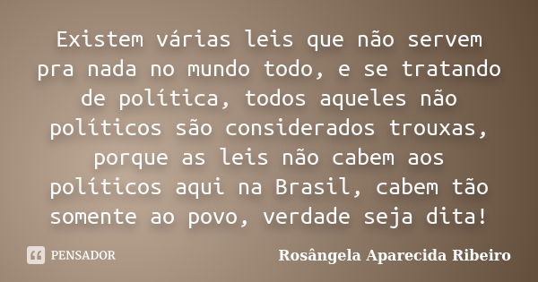 Existem várias leis que não servem pra nada no mundo todo, e se tratando de política, todos aqueles não políticos são considerados trouxas, porque as leis não c... Frase de Rosângela Aparecida Ribeiro.