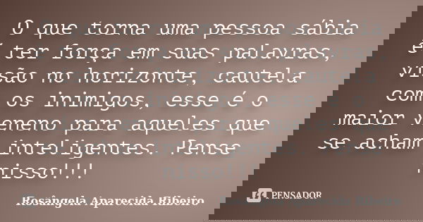 O que torna uma pessoa sábia é ter força em suas palavras, visão no horizonte, cautela com os inimigos, esse é o maior veneno para aqueles que se acham intelige... Frase de Rosângela Aparecida Ribeiro.