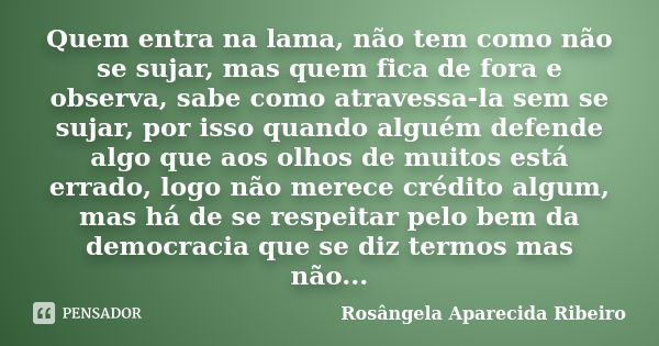 Quem entra na lama, não tem como não se sujar, mas quem fica de fora e observa, sabe como atravessa-la sem se sujar, por isso quando alguém defende algo que aos... Frase de Rosângela Aparecida Ribeiro.