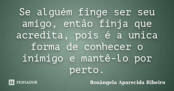 Se alguém finge ser seu amigo, então finja que acredita, pois é a unica forma de conhecer o inimigo e mantê-lo por perto.... Frase de Rosângela Aparecida Ribeiro.