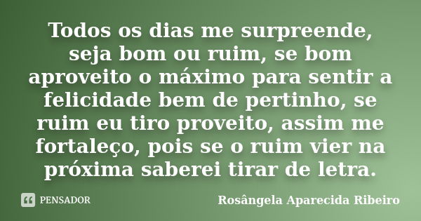 Todos os dias me surpreende, seja bom ou ruim, se bom aproveito o máximo para sentir a felicidade bem de pertinho, se ruim eu tiro proveito, assim me fortaleço,... Frase de Rosângela Aparecida Ribeiro.