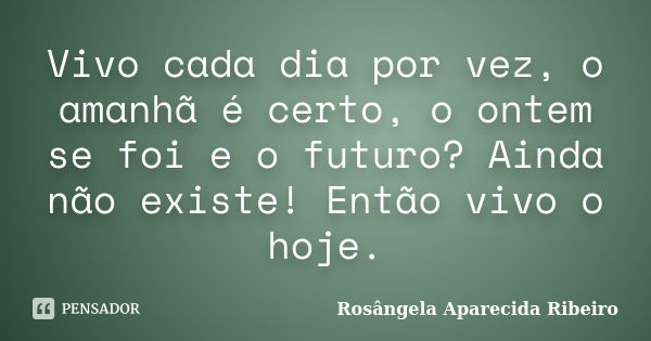 Vivo cada dia por vez, o amanhã é certo, o ontem se foi e o futuro? Ainda não existe! Então vivo o hoje.... Frase de Rosângela Aparecida Ribeiro.