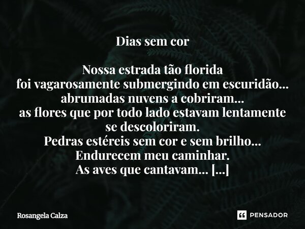 Dias sem cor Nossa estrada tão florida foi vagarosamente submergindo em escuridão... abrumadas nuvens a cobriram... as flores que por todo lado estavam lentame... Frase de Rosangela Calza.