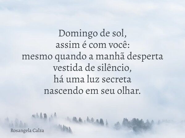 Domingo de sol, assim é com você: mesmo quando a manhã desperta vestida de silêncio, há uma luz secreta nascendo em seu olhar.... Frase de Rosangela Calza.