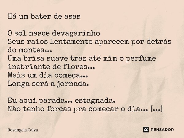Há um bater de asas O sol nasce devagarinho Seus raios lentamente aparecem por detrás do montes... Uma brisa suave traz até mim o perfume inebriante de flores.... Frase de Rosangela Calza.