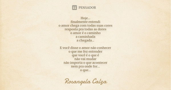 Hoje... finalmente entendi o amor chega com todas suas cores resposta pra todas as dores o amor é o caminho a caminhada a chegada... E você disse o amor não con... Frase de Rosangela Calza.