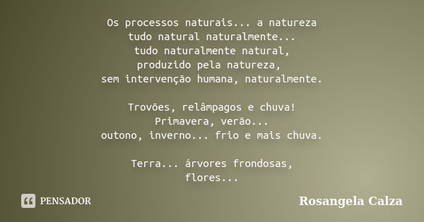 Os processos naturais... a natureza tudo natural naturalmente... tudo naturalmente natural, produzido pela natureza, sem intervenção humana, naturalmente. Trovõ... Frase de Rosangela Calza.