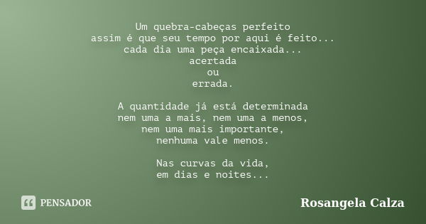 Um quebra-cabeças perfeito assim é que seu tempo por aqui é feito... cada dia uma peça encaixada... acertada ou errada. A quantidade já está determinada nem uma... Frase de Rosangela Calza.