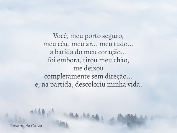 Você, meu porto seguro, meu céu, meu ar... meu tudo... a batida do meu coração... foi embora, tirou meu chão, me deixou completamente sem direção... e, na parti... Frase de Rosangela Calza.
