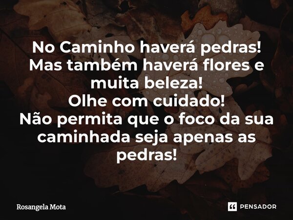 ⁠No Caminho haverá pedras! Mas também haverá flores e muita beleza! Olhe com cuidado! Não permita que o foco da sua caminhada seja apenas as pedras!... Frase de Rosangela Mota.