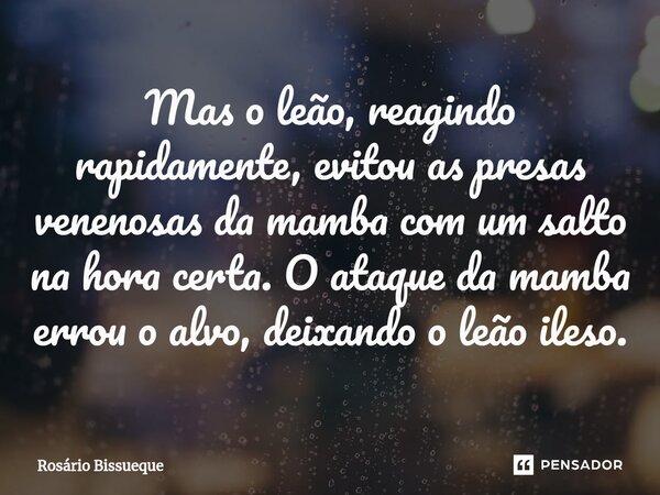 ⁠Mas o leão, reagindo rapidamente, evitou as presas venenosas da mamba com um salto na hora certa. O ataque da mamba errou o alvo, deixando o leão ileso.... Frase de Rosário Bissueque.