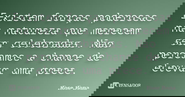 Existem forças poderosas na natureza que merecem ser celebradas. Não percamos a chance de elevar uma prece.... Frase de Rose Bona.