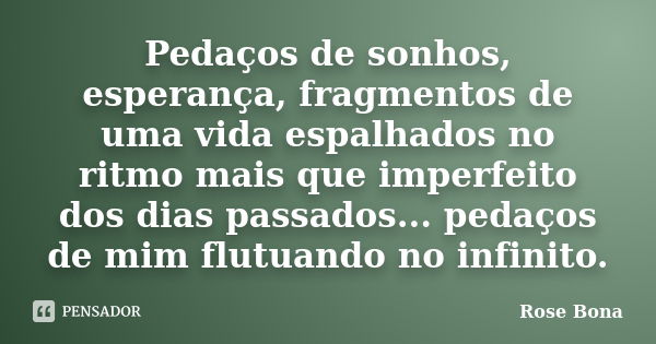 Pedaços de sonhos, esperança, fragmentos de uma vida espalhados no ritmo mais que imperfeito dos dias passados... pedaços de mim flutuando no infinito.... Frase de Rose Bona.