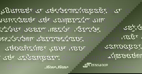 Quando a determinação, a vontade de cumprir um objetivo soar mais forte, não existem barreiras, cansaço, desânimo que nos impedem de alcançar.... Frase de Rose Bona.