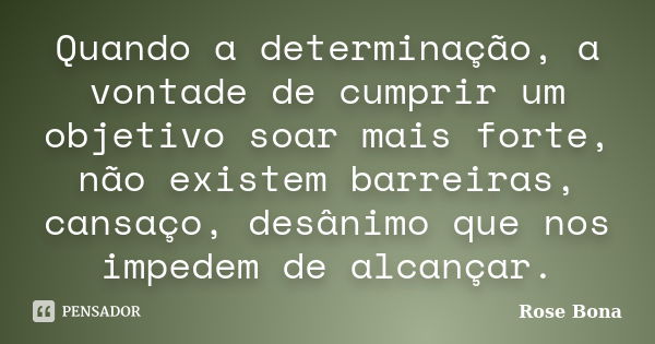 Quando a determinação, a vontade de cumprir um objetivo soar mais forte, não existem barreiras, cansaço, desânimo que nos impedem de alcançar.... Frase de Rose Bona.