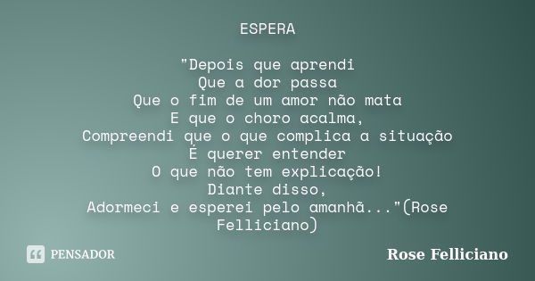 ESPERA "Depois que aprendi Que a dor passa Que o fim de um amor não mata E que o choro acalma, Compreendi que o que complica a situação É querer entender O... Frase de Rose Felliciano.