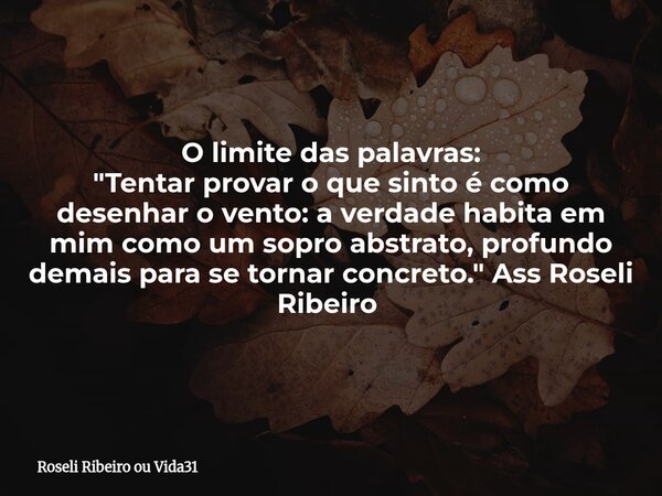 O limite das palavras: "Tentar provar o que sinto é como desenhar o vento: a verdade habita em mim como um sopro abstrato, profundo demais para se tornar c... Frase de Roseli Ribeiro ou Vida31.
