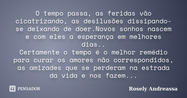 O tempo passa, as feridas vão cicatrizando, as desilusões dissipando-se deixando de doer.Novos sonhos nascem e com eles a esperança em melhores dias.. Certament... Frase de Rosely Andreassa.