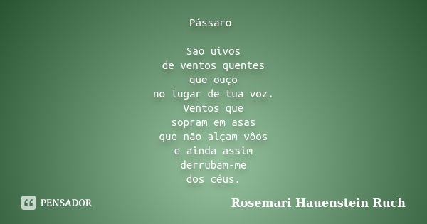 Pássaro São uivos de ventos quentes que ouço no lugar de tua voz. Ventos que sopram em asas que não alçam vôos e ainda assim derrubam-me dos céus.... Frase de Rosemari Hauenstein Ruch.