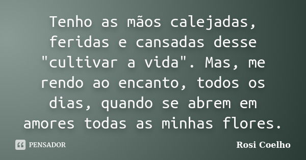 Tenho as mãos calejadas, feridas e cansadas desse "cultivar a vida". Mas, me rendo ao encanto, todos os dias, quando se abrem em amores todas as minha... Frase de Rosi Coelho.