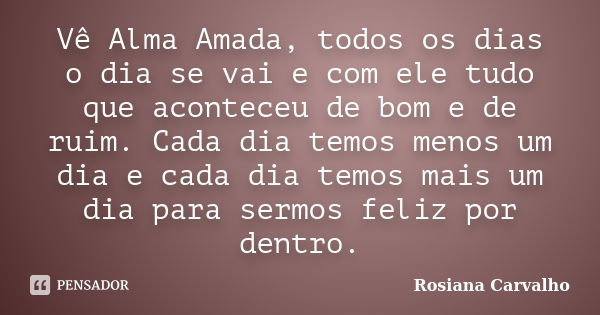 Vê Alma Amada, todos os dias o dia se vai e com ele tudo que aconteceu de bom e de ruim. Cada dia temos menos um dia e cada dia temos mais um dia para sermos fe... Frase de Rosiana Carvalho.