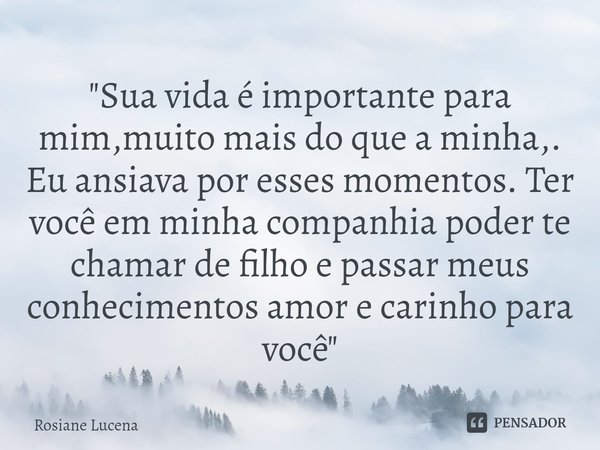 "⁠Sua vida é importante para mim,muito mais do que a minha,. Eu ansiava por esses momentos. Ter você em minha companhia poder te chamar de filho e passar m... Frase de Rosiane Lucena.