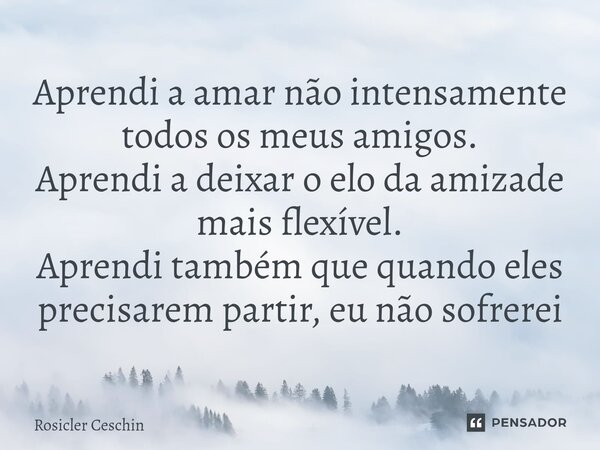 ⁠Aprendi a amar não intensamente todos os meus amigos. Aprendi a deixar o elo da amizade mais flexível. Aprendi também que quando eles precisarem partir, eu não... Frase de Rosicler Ceschin.