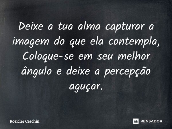 ⁠Deixe a tua alma capturara imagem do que ela contempla, Coloque-se em seu melhor ângulo e deixe a percepção aguçar.... Frase de Rosicler Ceschin.