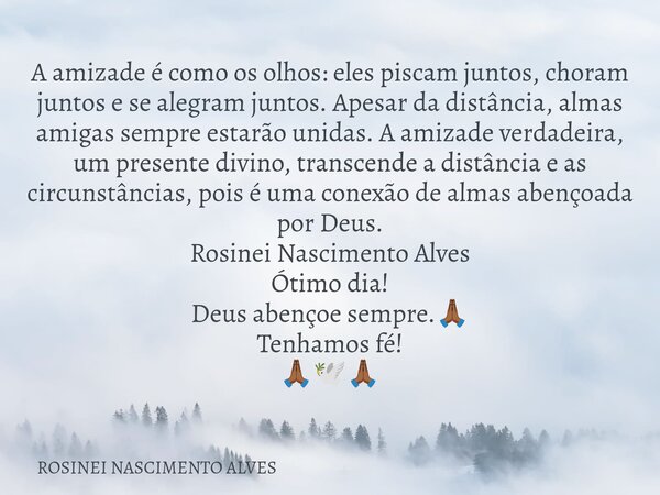 A amizade é como os olhos: eles piscam juntos, choram juntos e se alegram juntos. Apesar da distância, almas amigas sempre estarão unidas. A amizade verdadeira,... Frase de ROSINEI NASCIMENTO ALVES.