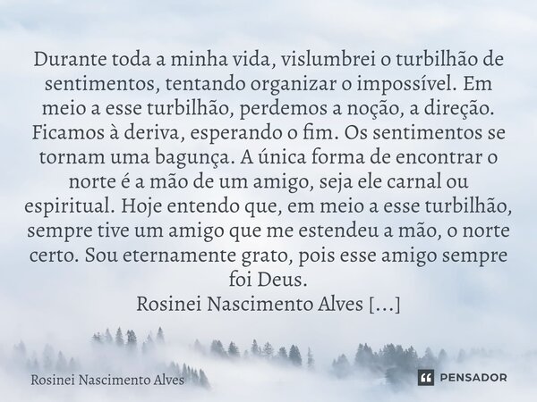 Durante toda a minha vida, vislumbrei o turbilhão de sentimentos, tentando organizar o impossível. Em meio a esse turbilhão, perdemos a noção, a direção. Ficam... Frase de Rosinei Nascimento Alves.