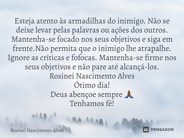 ⁠Esteja atento às armadilhas do inimigo. Não se deixe levar pelas palavras ou ações dos outros. Mantenha-se focado nos seus objetivos e siga em frente.Não permi... Frase de Rosinei Nascimento Alves.