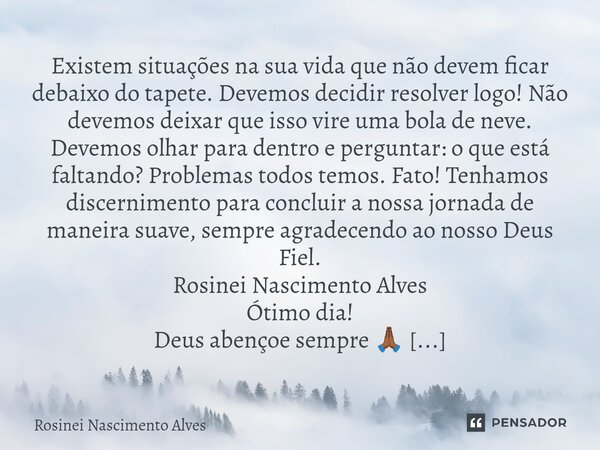 Existem situações na sua vida que não devem ficar debaixo do tapete. Devemos decidir resolver logo! Não devemos deixar que isso vire uma bola de neve. Devemos ... Frase de Rosinei Nascimento Alves.