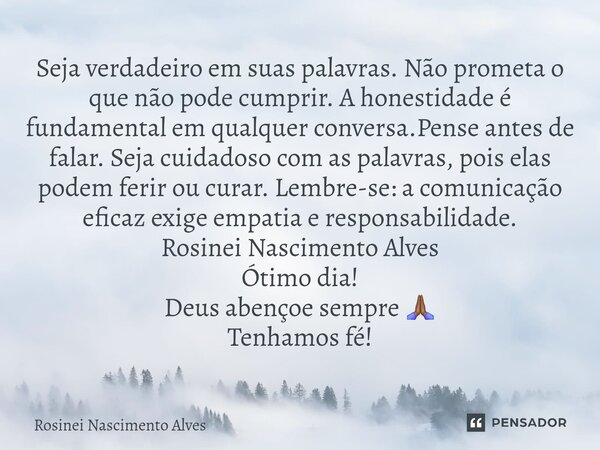 ⁠Seja verdadeiro em suas palavras. Não prometa o que não pode cumprir. A honestidade é fundamental em qualquer conversa.Pense antes de falar. Seja cuidadoso com... Frase de Rosinei Nascimento Alves.