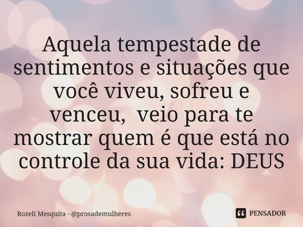 ⁠Aquela tempestade de sentimentos e situações que você viveu, sofreu e venceu, veio para te mostrar quem é que está no controle da sua vida: DEUS... Frase de Rozeli Mesquita - prosademulheres.