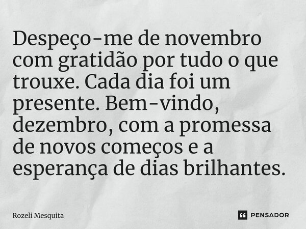 ⁠Despeço-me de novembro com gratidão por tudo o que trouxe. Cada dia foi um presente. Bem-vindo, dezembro, com a promessa de novos começos e a esperança de dias... Frase de Rozeli Mesquita.