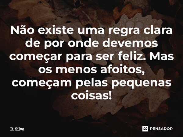 ⁠Não existe uma regra clara de por onde devemos começar para ser feliz. Mas os menos afoitos, começam pelas pequenas coisas!... Frase de R. Silva.