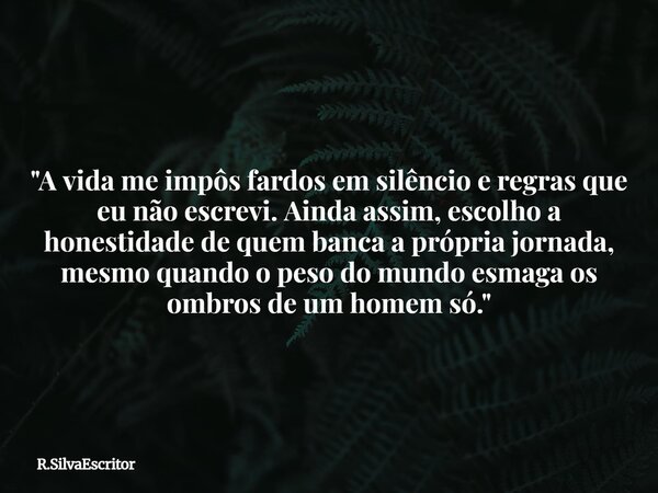 "A vida me impôs fardos em silêncio e regras que eu não escrevi. Ainda assim, escolho a honestidade de quem banca a própria jornada, mesmo quando o peso do... Frase de R.SilvaEscritor.