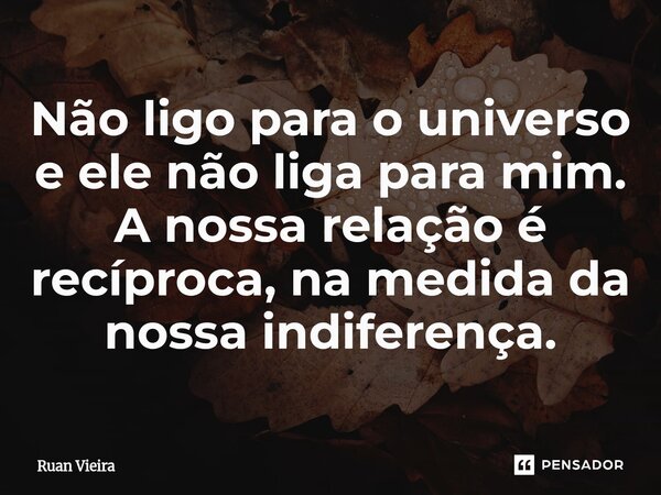 ⁠Não ligo para o universo e ele não liga para mim. A nossa relação é recíproca, na medida da nossa indiferença.... Frase de Ruan Vieira.