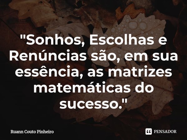 "⁠Sonhos, Escolhas e Renúncias são, em sua essência, as matrizes matemáticas do sucesso."... Frase de Ruann Couto Pinheiro.