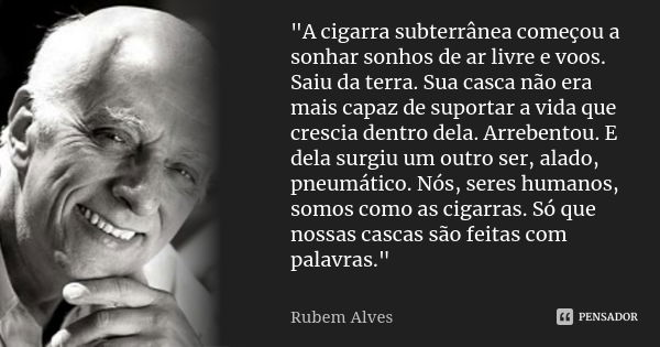 "A cigarra subterrânea começou a sonhar sonhos de ar livre e voos. Saiu da terra. Sua casca não era mais capaz de suportar a vida que crescia dentro dela. ... Frase de Rubem Alves.