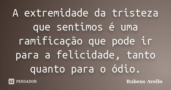 A extremidade da tristeza que sentimos é uma ramificação que pode ir para a felicidade, tanto quanto para o ódio.... Frase de Rubens Avello.