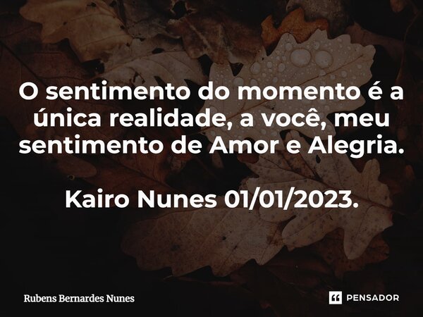 ⁠O sentimento do momento é a única realidade, a você, meu sentimento de Amor e Alegria. Kairo Nunes 01/01/2023.... Frase de Rubens Bernardes Nunes.