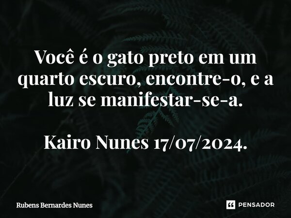 ⁠Você é o gato preto em um quarto escuro, encontre-o, e a luz se manifestar-se-a. Kairo Nunes 17/07/2024.... Frase de Rubens Bernardes Nunes.