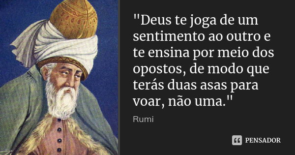 "Deus te joga de um sentimento ao outro e te ensina por meio dos opostos, de modo que terás duas asas para voar, não uma."... Frase de Rumi.